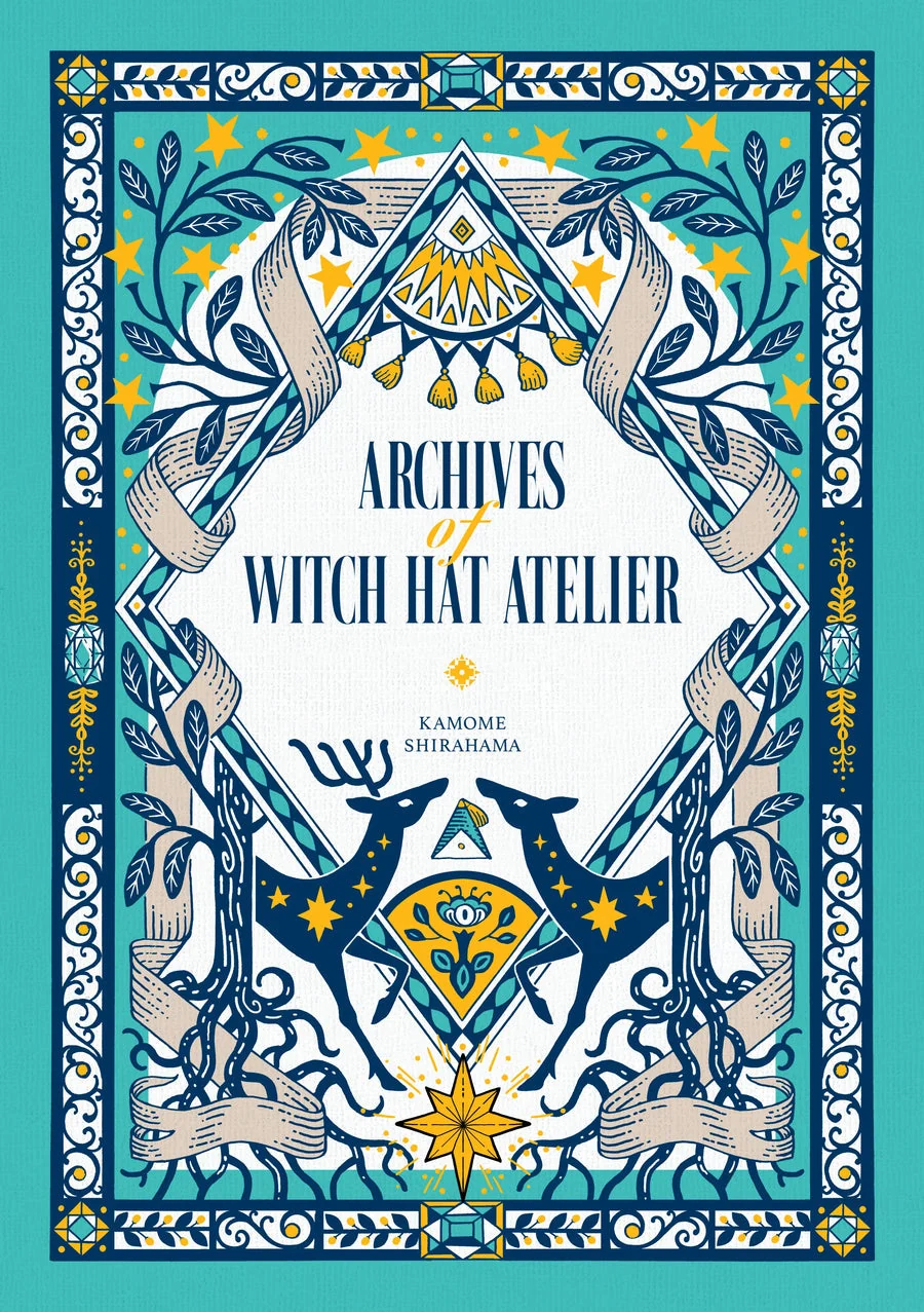 English cover of Archives of Witch Hat Atelier, with teal, navy, and gold decorative illustrations.