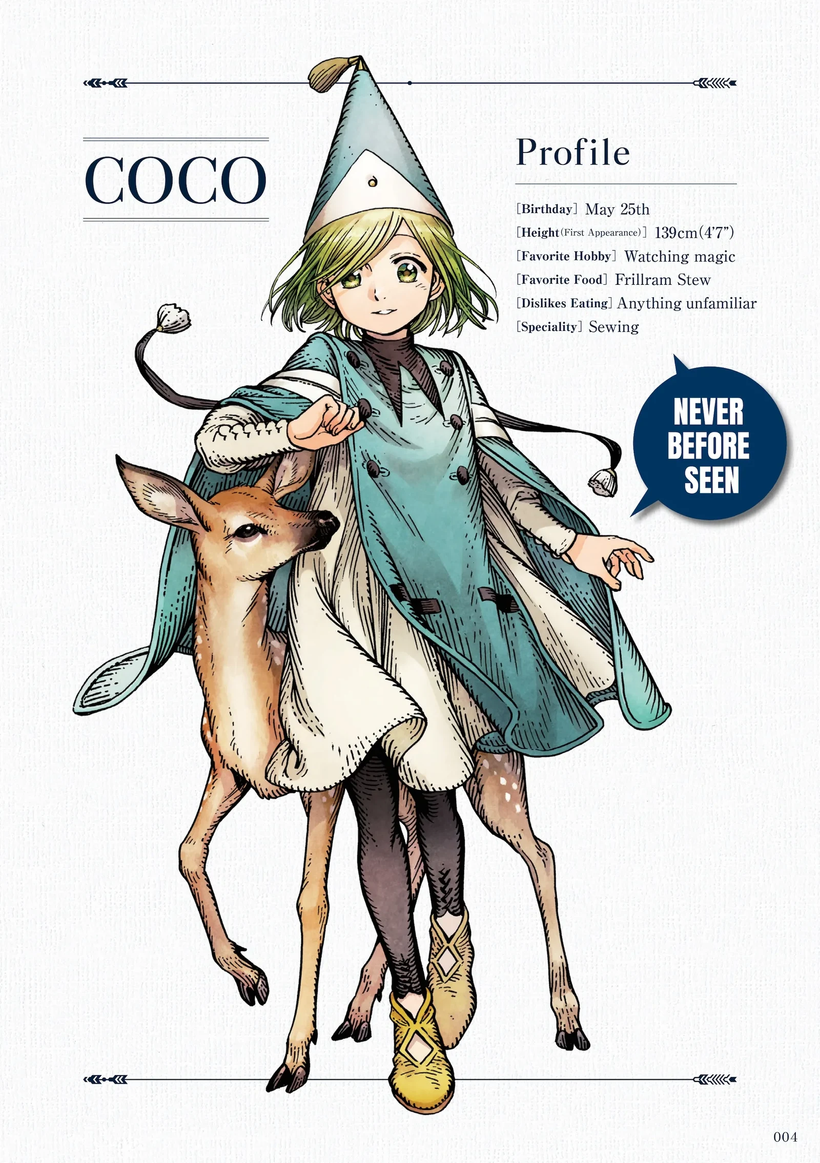 Archives of Witch Hat Atelier sample page pairing a profile of Coco with an illustrated deer costume.