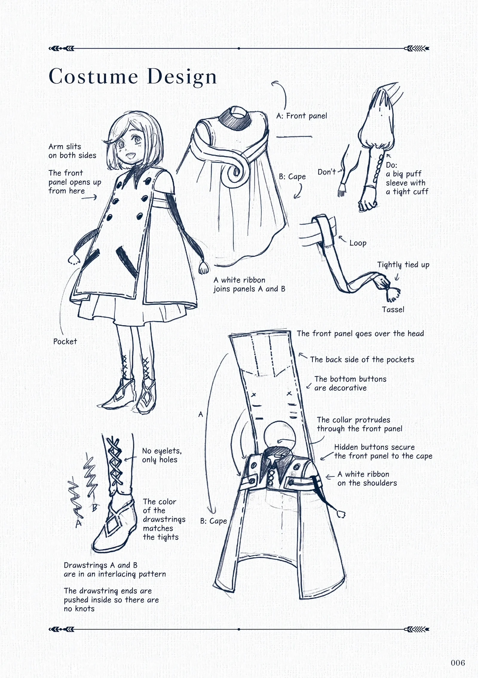 Archives of Witch Hat Atelier sample page with character costume designs and English annotations.