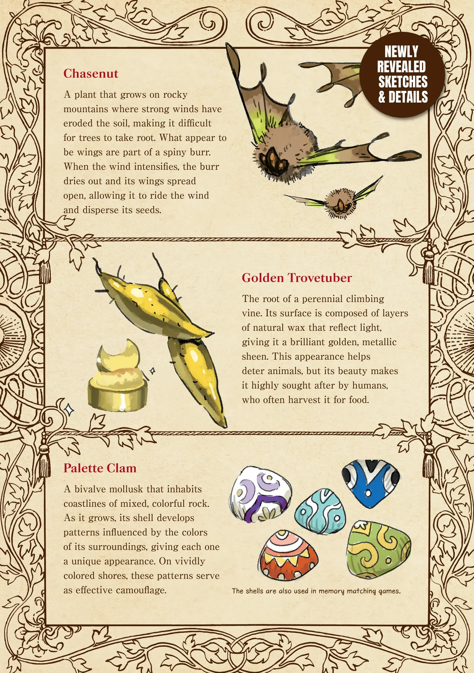 Archives of Witch Hat Atelier sample page cataloguing magical creatures with English descriptions.